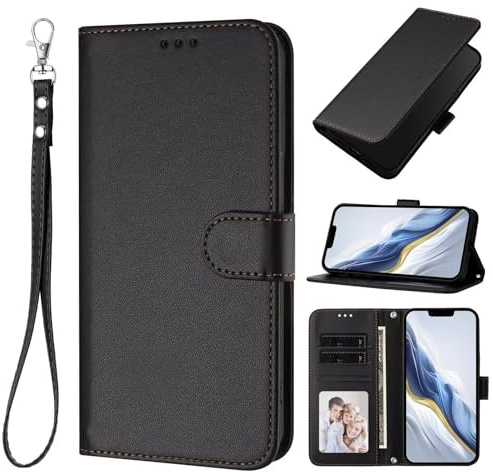 HAOFUGUI Funda Cartera para Moto G22 4G / E32S / E22S 4G, Cubierta de Cuero PU Carcasa, TPU Protección Antigolpes Funda, con Ranuras para Tarjetas Bolsillo y Correa de Muñeca-Negro