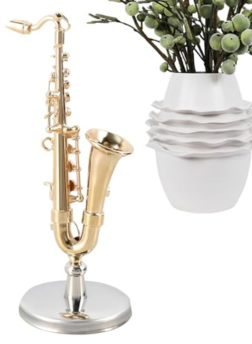 Saxophon Modell - Miniatur Musikinstrument Aus Messing - Messing Musikinstrument Sammlerstück Mit Ständer Und Aufbewahrungsbox Für Dekoration Kinder Erwachsene Weihnachten Geburtstag Puppenhaus Deko