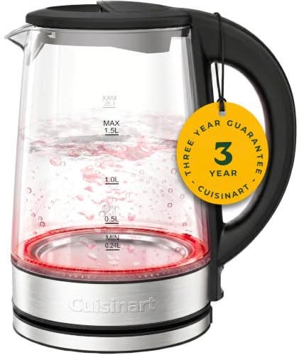 Cuisinart 1.5L Glass Kettle|Illumination|3KW Rapid Boil|Cool Touch |BPA-Free |Non-Drip Spout|360° Swivel Base|Auto Shut-Off|One-Cup Marking