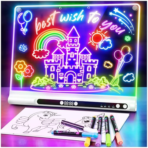 Pizarra de dibujo LED recargable 41 cm, 9 modos de luz con temporizador y soporte integrado, tablero acrílico neón borrable en seco, regalo niños/adolescentes, 6 rotuladores y libro de calco, blanco
