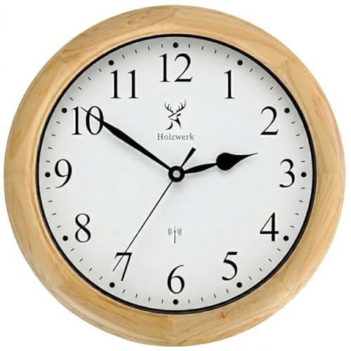 Holzwerk SONNEBERG (Funk) Natur Vintage Retro Holz Funk Wanduhr Glas Holz-Uhr Funkwanduhr Funkuhr nahezu lautloses Uhrwerk Massivholz 14 Zoll 35cm Braun Beige Buche große Ziffern