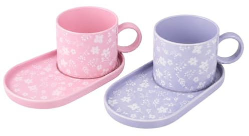 Mad About Mugs Set of 2 Pink & Lilac Stoneware Mug and Oversized Saucer Set, Floral Tea Coffee Cup with Biscuit Plate, 9cm Mug, 18cm Saucer, Stylish Gift Cup Set for Home Kitchen Drinkware