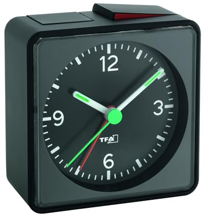 TFA Dostmann Wecker analog Push, 60.1013.01, ohne Ticken mit Licht, lauter Alarm mit Schlummerfunktion, mit Hintergrundbeleuchtung, Reisewecker, batteriebetrieben, klein, Nachttischwecker, schwarz