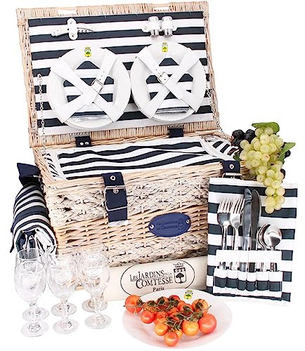Les Jardins de la Comtesse - Picknickkorb Marine aus Weide - Komplett Für 6 Personen - Kühlfach - Keramikteller und Weingläsern/Einer Wasserdichten Tischdecke - Gestreifter Stoff - 50 x 35 x 26 cm