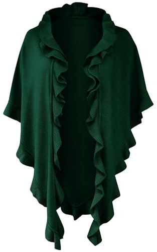 Poncho Cape Trachtentuch Umhang Stola Schultertuch Trachten-Tuch Damen Strickponcho Tracht Strick Trachtenponcho gestrickt Überwurf Volants Rüschen Schal Cashmink, Farbe:dunkelgrün