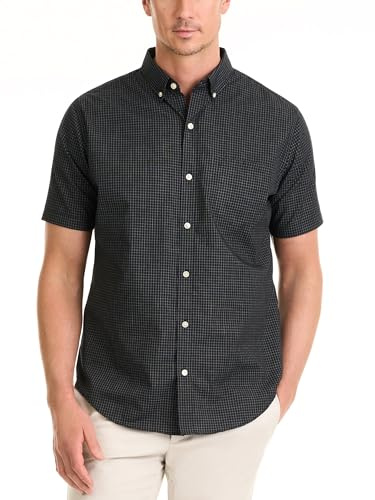 Van Heusen Men's Wrinkle Free Short Sleeve Button Down Check Shirt, Black Minicheck, Large