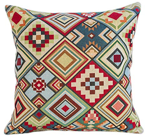 Geometric Tapestry Double Sided Cushion Cover. Multicoloured Red Blue Green Yellow Triangular Aztec Patten. 17x17 Square Pillow Case. Kilim Style Fabric