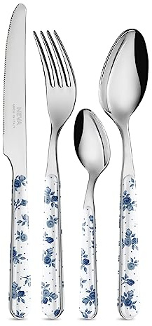 NEVA | BISTROT Roses Collection Set 24 Posate, Set Posate in Acciaio Inox, Lavaggio in Lavastoviglie, Decorazione Indelebile, Micro Rose Blu