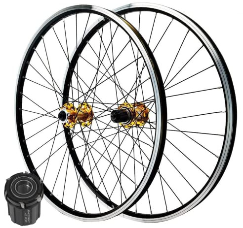 GXFWJD MTB Wheelset 26 Inch Handmade Standard Bicycle Rim 32 Spoke Mountain Bike Front & Rear Wheel Disc/Rim Brake 7-11speed Cassette QR Sealed Bearing Hubs (Color : Gold hub, Size : 26inch)