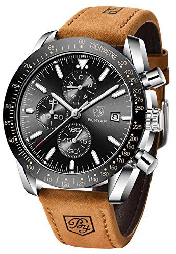 BENYAR by Herrenuhr Quarz Sport Chronograph Mode Marken Business Uhr Herren Braun Lederuhr Wasserdicht Kratzfest Analog Automatik Datum Elegantes Geschenk Armbanduhr (braun Silber schwarz
