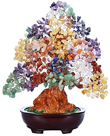 Jovivi Large Feng Shui Natural 7 Chakra Healing Crystal Money Tree Resin Base Bonsai Style Decoration for Wealth and Luck 9.5 Inches