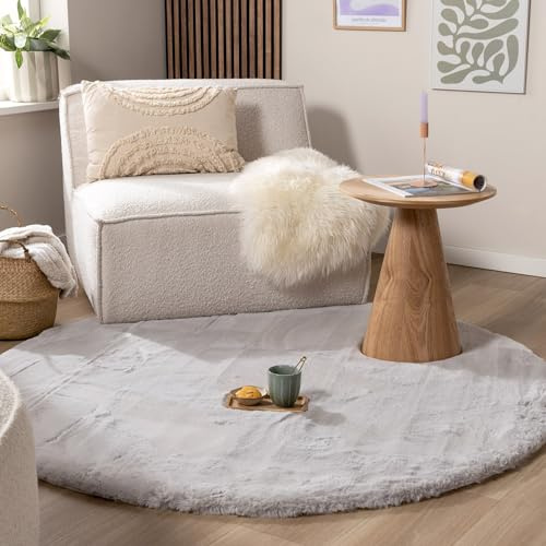FRAAI | Home & Living Hochflor Teppich Rund - Comfy Supreme Grau - Ø 100 cm | Shaggy, Einfarbig - Ländlich, Modern, Skandinavisch - Wohnzimmer, Esszimmer, Schlafzimmer - Fellteppich