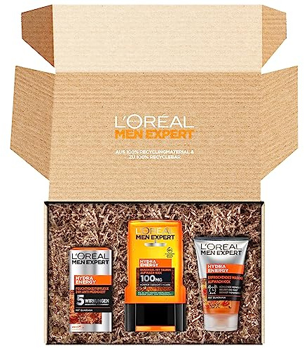 L'Oréal Män Expert presentset för män med tvättgel, ansiktskräm och XL duschgel med taurin, energy box med Hydra Energy fuktkräm, uppfriskande rengöringsgel och kroppstvätt, 3 delar