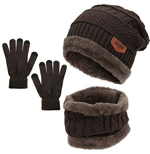 Durio Juego de gorro para niños y niñas, gorro de invierno con forro polar, marrón, Talla única