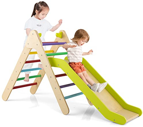 GYMAX 2 in 1 Kids Climbing Set, Wooden Toddler Climber with ASlide, Outdoor Indoor Montessori Climbing Toys for 3 Years Old + Boys Girls (Colorful)