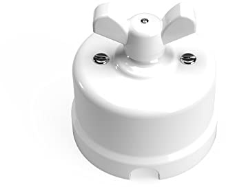 Creative-Cables Interruttore Deviatore in porcellana con dado a farfalla – (Bianco con dado bianco, Ø 66,5 mm, h 69 mm) – Fissaggio a parete – 10AX 250V CE