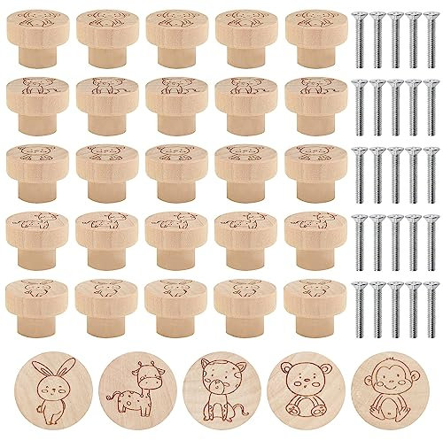 JReHuiG 25 Stück Möbelknöpfe Holz, Tierdrucke Schrankgriffe, Rund 25 x 35 mm Holzgriff, Holz Knauf für Schrank, Kommode, Wohnzimmer, Schubladen, Schrank, Küche (25)