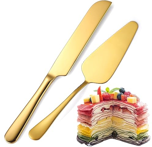 Comforty Hochzeitstortenmesser und Server-Set Gold, Vergoldetes Edelstahl Tortenheber, Gezackte kuchenschaufel für Hochzeit, Geburtstag, Partys, Brautparty