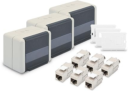 DIGITUS Netzwerkdose Outdoor IP44 (3 Stück) – Mit Halter für Keystone-Module (3 Stück) – Inkl. Cat 6A Keystone-Modul Netzwerkbuchse (6 Stück)