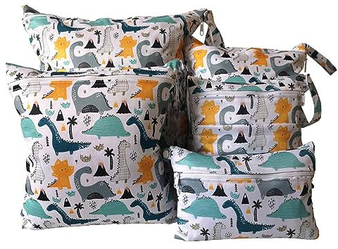 Wetbag Nassbeutel,5 Stück Wasserdichte Windeltasche für unterwegs Stoffwindeln Nasstaschen WäschebeutL Windelbeutel Kindergarten Wetbag Waschbar Organiser Beutel für Mädchen Jungen -Dinosaurier