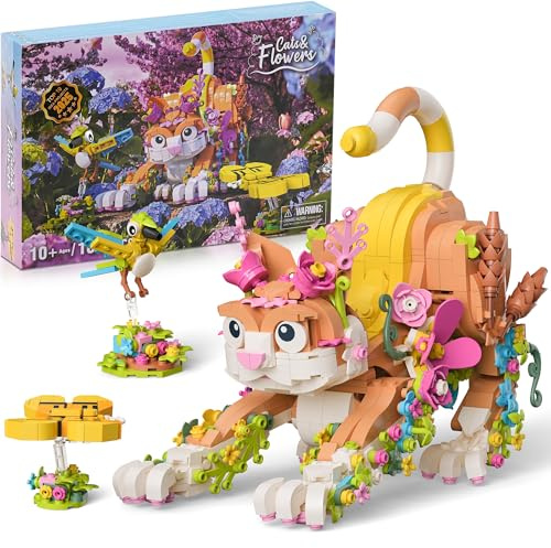 IKUPER Blumen Katze Bausteine Set, Tiere Botanische Sammlung | Home und Zimmer-Deko, Weihnachten Ostern Ideen Geschenk für Kinder Jungen Mädchen ab 10 Jahren (1038 Stück)