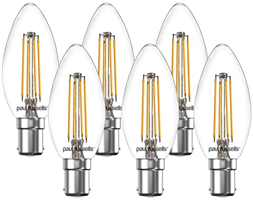 paul russells LED Filament Candle – Dimmable Small Bayonet Cap B15 Light Bulbs, 4.5Watt 470Lumens C35 LED Bulbs, 40w Equivalent, 2700K Warm White Dimmer SBC Energy Saving Chandelier Lamps, 6 Pack