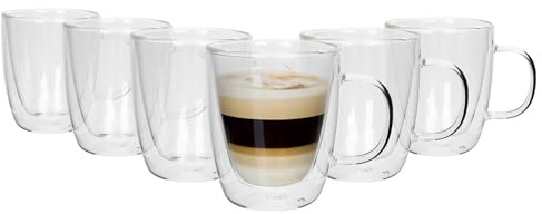 Rink Drink Double Walled Coffee Mugs - 386ml - Pack of 6 - Heat Resistant Glass Coffee Cups Latte Glasses Hot Chocolate Mug Cappuccino Cup Tea Glass Mugs with Handles