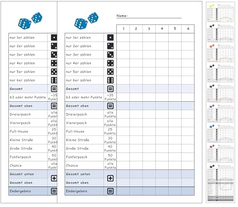 DiceCupFlex Würfelspiel Block Din A6 mit 50 Seiten Würfelblock, Spielblock, Ersatzblock Design (2 Stück Blau)