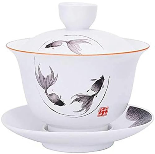 LAMPPE Gaiwan Service à thé en Porcelaine Gaiwan 226,8 g, Tasse à thé, soupière émaillée Blanche, Chinois Sancai, Bol, Tasse à lèvres, Soucoupe (Poisson)
