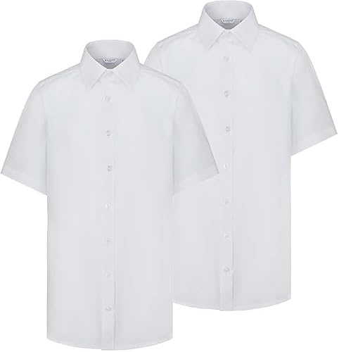 Trutex Boys White Short Sleeve School Shirts, 2 Pack – Regular Fit Easy Iron Cotton-Rich Button Down School Uniform Shirts – Age 13 (2 Pack)