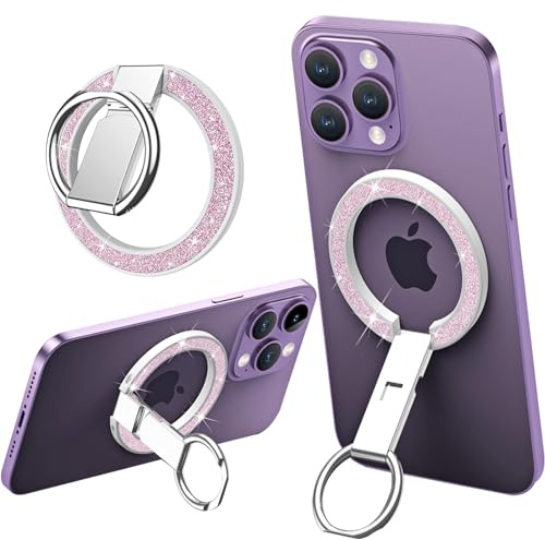 Ysnzaq Magnetischer Handy Griff Halter für iPhone & Android PQ Rosa | Handy Ring Halterung für MagSafe, Glitzer Bling Sparkle, 360° Smartphone Ringhalterung Ständer