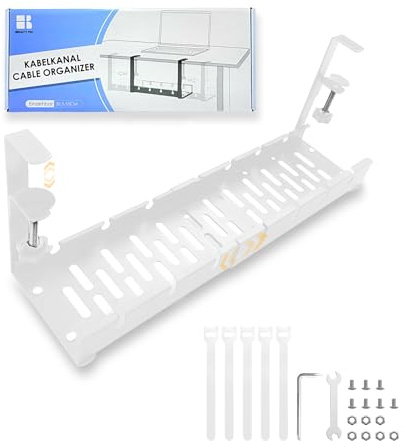 Hibeauty Pro Kabelkanal Schreibtisch, Einziehbar 30,5-55CM Weiß, 1 Stück | Kabelmanagement Schreibtisch Ohne Bohren, Kabelkorb Klemmbar für Büro und Home, mit Kabel Management-Zubehör
