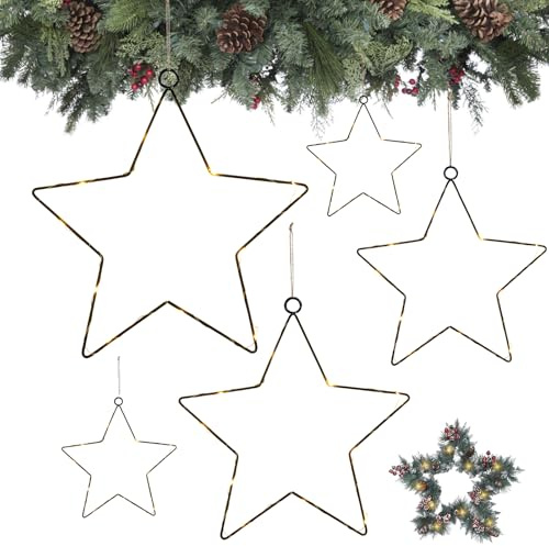 GAROMIA Metall Stern Schwarz 6 Stück 30/25/20 cm Weihnachtsdeko Schwarz Metallsterne zum Basteln Stern Kranz Rahmen Pentagrammförmige Kranzringe Blumenkranz für Weihnachten Thanksgiving Neujahr