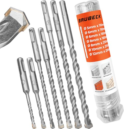 BAUBECK SDS Plus Bohrer Set für Beton [7tlg - Ø5-12 bis zu 210mm lang] - Langlebig und Robust aus 40CR Stahl für Präzise Ergebnisse - Bohrer Set Beton Schlagbohrer SDS Bohrer Stein Betonbohrer