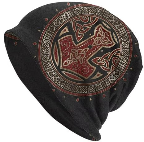 Nordische Mythologie Thors Hammer Print Slouchy Beanie Cap - Keltischer Knoten Mjölnir Wikinger Piratenhüte Für Männer - Doppellagige Mittelalterliche Vintage Hip Hop Kopftücher