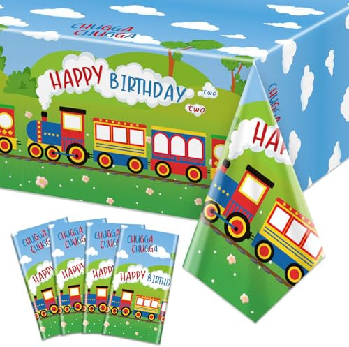 4 Pcs Chugga Chugga Two Two Party Tablecloths, Train Birthday Tablecloths Train Table Cover for Baby Shower Transportation 2nd Birthday Party Decorations Train Birthday Party Supplies, 51 x 86 Inch