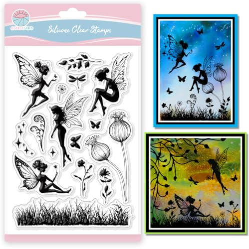 GLOBLELAND Transparente Stempel Mit Feen Motiv Wildblumen Und Gras Silhouette Silikon Transparentstempel Frühlingselfen Transparente Stempel Für Selbstgemachtes Scrapbooking 6.3x4.33Zoll