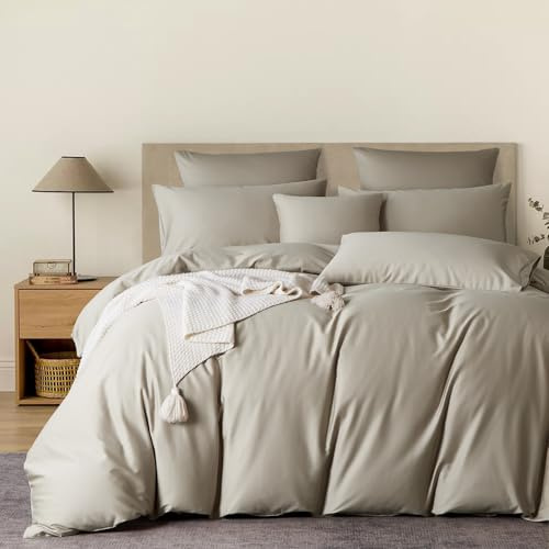 YASMENG Bettbezug aus Baumwollsatin, 140 x 200 cm, Beige, 100 % Baumwolle, Satin, weich, seidig, atmungsaktiv, Lyocell, Seide, Bettwäsche für Einzelbett, mit Reißverschluss und Kissenbezug, 65 x 65 cm