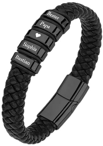 Lumari Gold Herren Lederarmband mit Gravur Personalisiert Leder Edelstahlverschluss Hypoallergen 4 Elemente Schwarz oder Silber Geschenkidee Männer Schmuck
