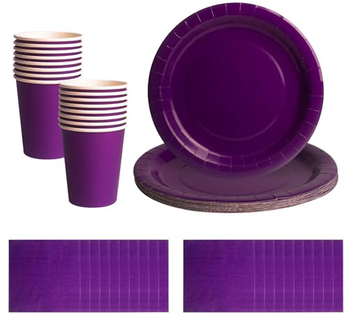 52-teiliges lila Einweggeschirr-Set – 20 Papierservietten, 16 Becher, 16 Pappteller, 17,8 cm, biologisch abbaubar, einfarbig, violettes Geschirr für Geburtstage, Hochzeiten, Kinder und Erwachsene