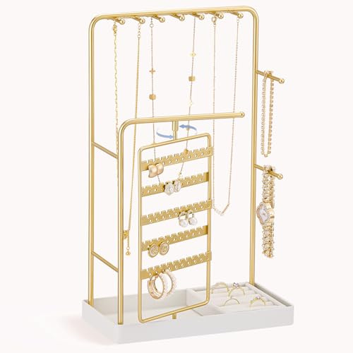 Lolalet Jewellery Stand Organizer, Room Dorm Decor Jewelry Display Storage with Rotating Earring Holder Hanger and Removed Ring Tray for Necklace Bracelet Bangles Watches Studs -Gold