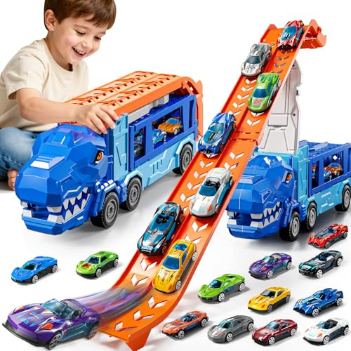 GYYCKTD 2-in-1 Dinosaur Race Track Truck Toys for 3-8 Year Old boy | 2-Tier Storage Carrier Vehicle and Car Ramps Track, 12 Die-Cast Racing Car Toys , Birthday Gifts for Toddlers Kids