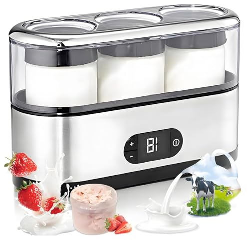 Yogurtiera automatica con 3 barattoli in vetro, yogurtiera elettrica da 450 ml con display LCD, temperatura di fermentazione 42 °C, macchina for yogurt multifunzione for ufficio, fitness e yoga