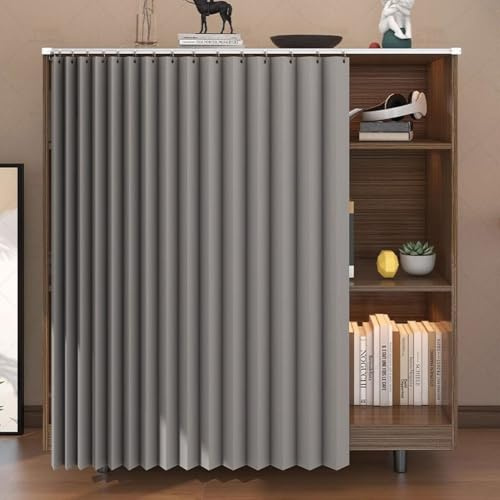 Tenda per Scaffale a Vista Adesiva, Tenda Separe per Interni Scorrevole Finta Porta, Tendina Sottolavello con Binari- Cucina Bagno, Tende Antipolvere per Armadietti(Grigio,50x70cm)