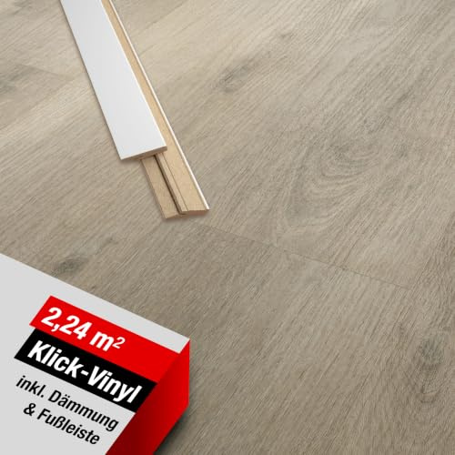 LaminatDEPOT Klick Vinylboden mit Trittschalldämmung & Sockelleiste [2,24 m²] - wasserfester Vinyl Bodenbelag mit Klicksystem - 8 extrabreite Dielen in Holzoptik Eiche [Montreal Oak Grey]