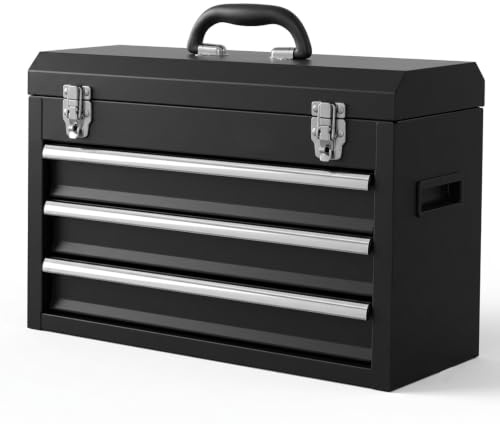 Portable Metal Tool Box, 3 Drawer Steel Tool Box with Top Storage Tray and carrying Handle, Multi-Function Tool Storage with Anti-slip Liner for Garage, Home, or Workbench (Black)