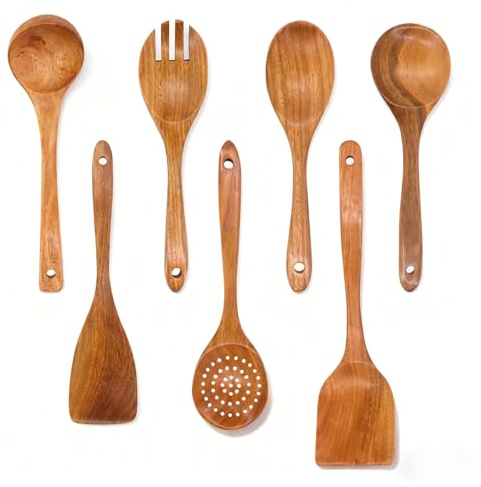Natural Wooden Utensil Set, 7 Piece Cooking Utensils Includes Wooden Spoon, Spatula, Ladle and More, Heat-Resistant Wooden Tools for Nonstick Pans and Everyday Cooking