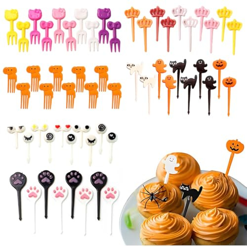 GNALIA Mini Tenedores Infantiles Fruta 60 Unidades Dibujos Animados 3D Reutilizables Postre Caja Almuerzo Té Fiesta Gato Elefante Ojo Huella Halloween Corona Tamaño Estándar