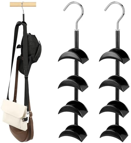 SANLIKE Handtaschenhalter, 2 Stück Schwarz Schrank Organisationshaken | Kleiderschrank Organisationshaken, platzsparend, 360° drehbar, schont Gurte vor Bruch, für Taschen, Krawatten, Schals, Tücher