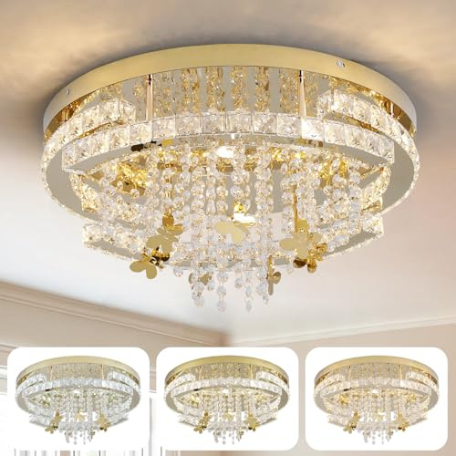 Runde Kristall Kronleuchter, Moderne Große Kristall Deckenleuchte mit Schmetterling Tropfenkristall, Gold Elegant Kronleuchter mit 5 Lichtern für Wohnzimmer Schlafzimmer, LED Halbeinbau 50cm